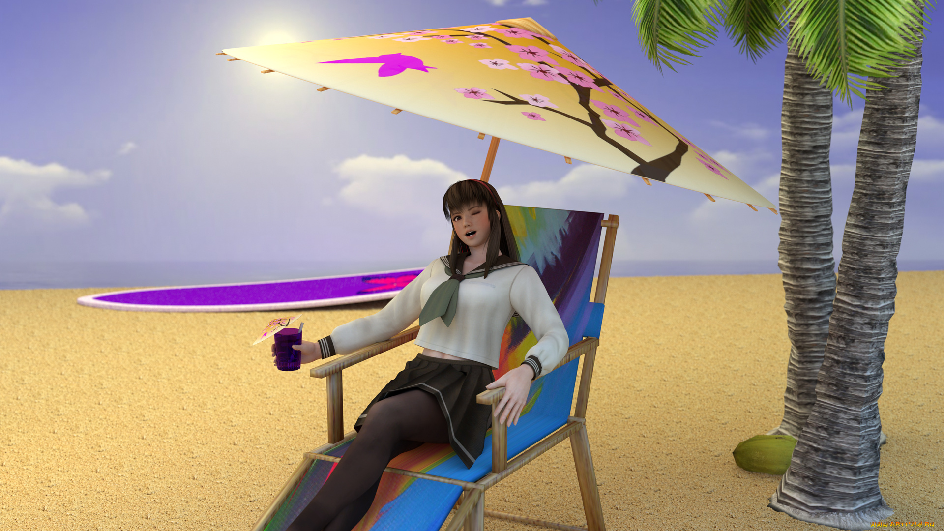 3д, графика, anime, , аниме, пляж, шезлонг, купальник, взгляд, девушка