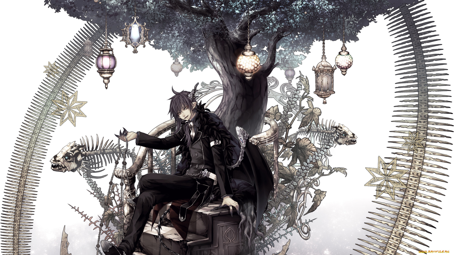 аниме, -angels, &, demons, дерево, скелеты, сидит, парень, лестница, фонари