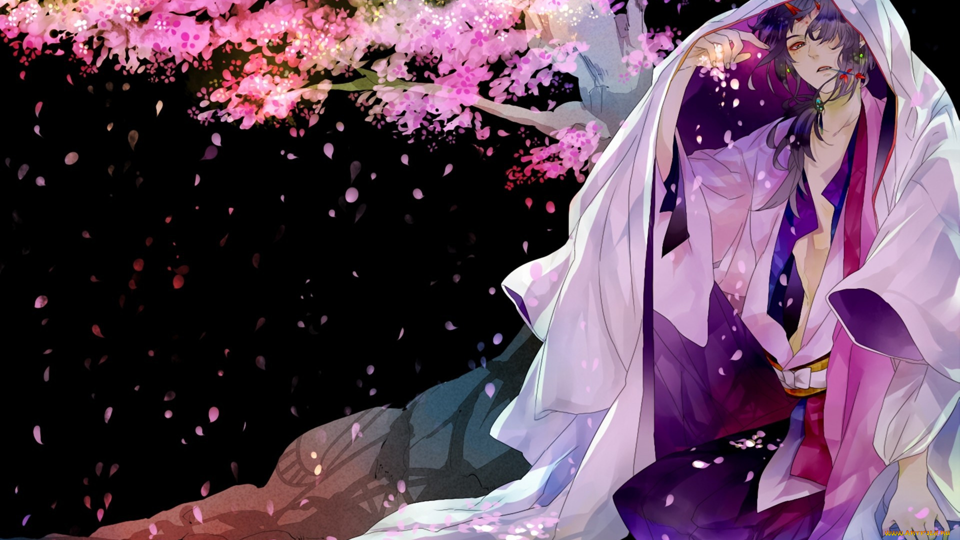 аниме, -angels, &, demons, сакура, демон, парень, рисунок, рог, капюшон, лепестки