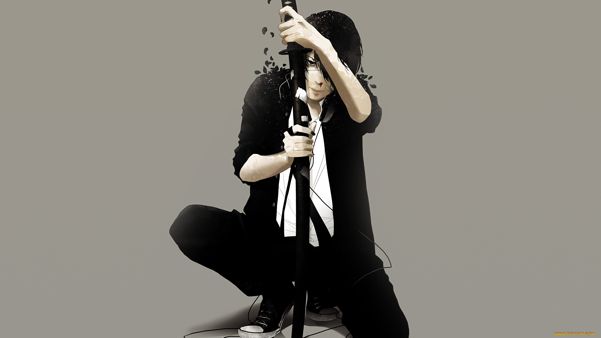 аниме, -weapon, , blood, &, technology, меч, лепестки, парень, провода, катана