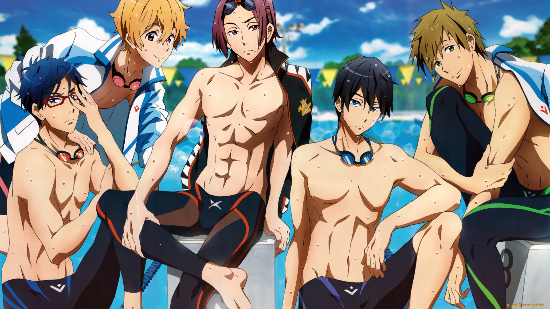 аниме, free, мальчики, облака, костюм, очки, бассейн, небо, вода