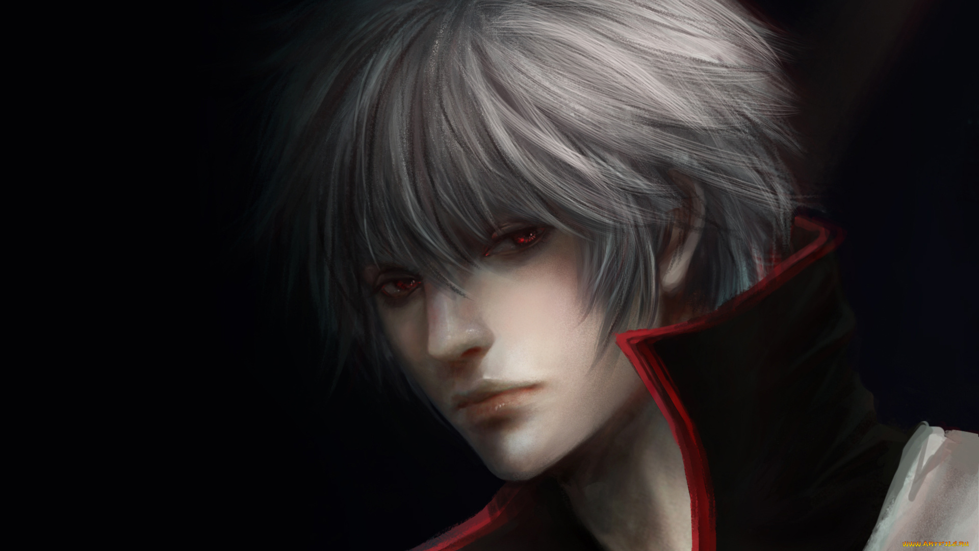 аниме, gintama, темный, фон, sakata, gintoki, красные, глаза, белые, волосы, парень