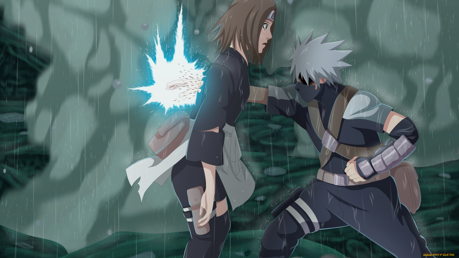 аниме, naruto, камень, чидори, дождь, какаши, хатаке, арт, наруто, дым, смерть, убийство, насквозь, пробил, девушка, рин, парень