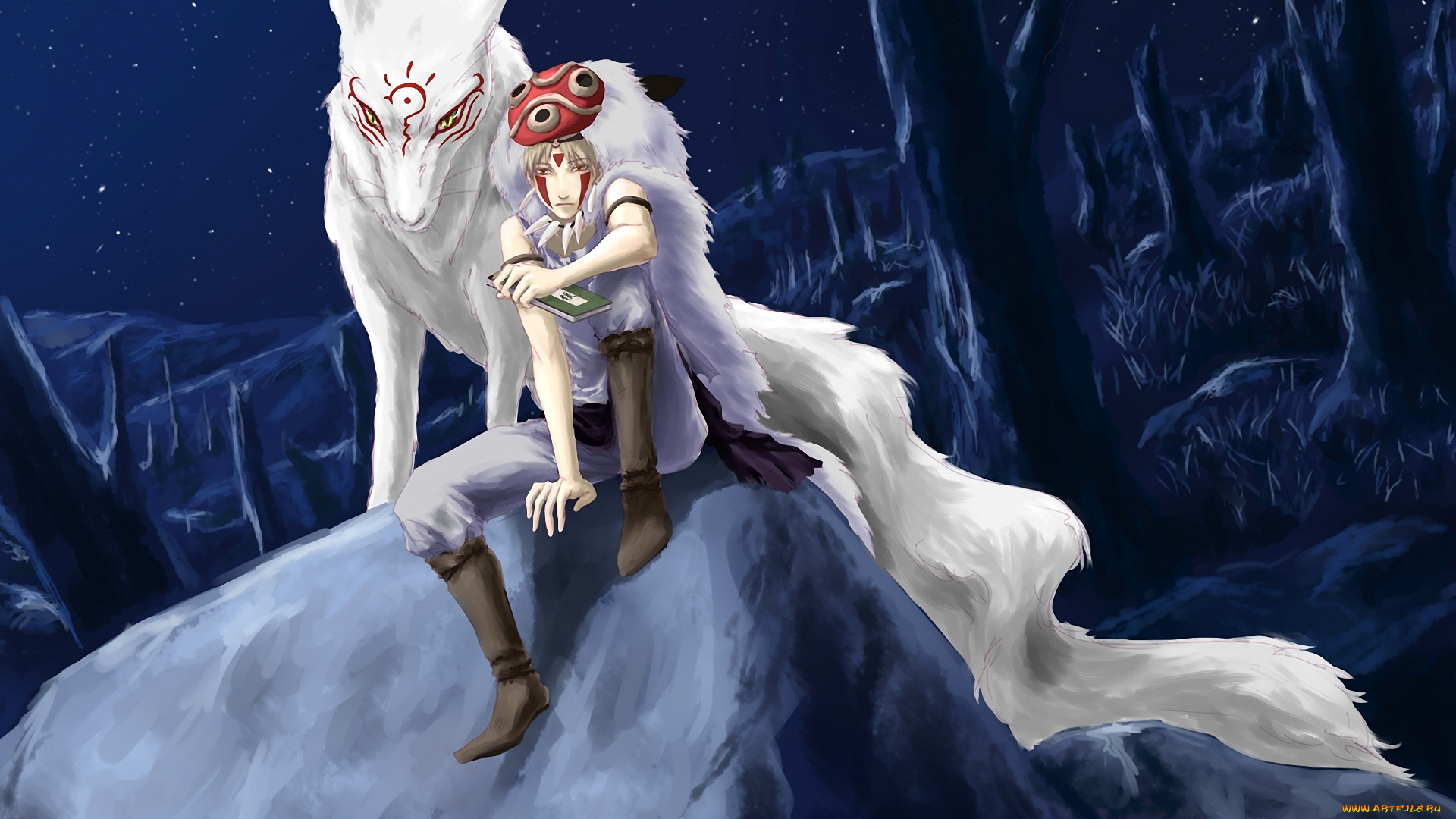 аниме, natsume, yuujinchou, парень, волк, ночь, камень, тетрадь, маска