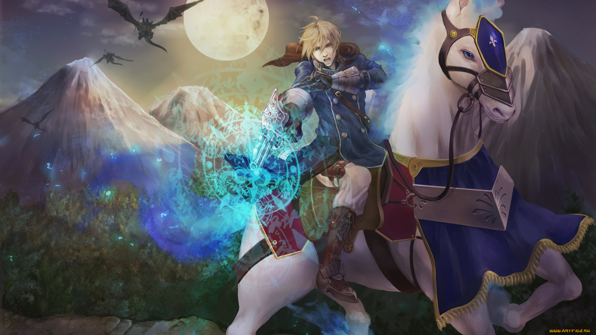 аниме, pixiv, fantasia, драконы, всадники, конь, парень, горы, луна, магия