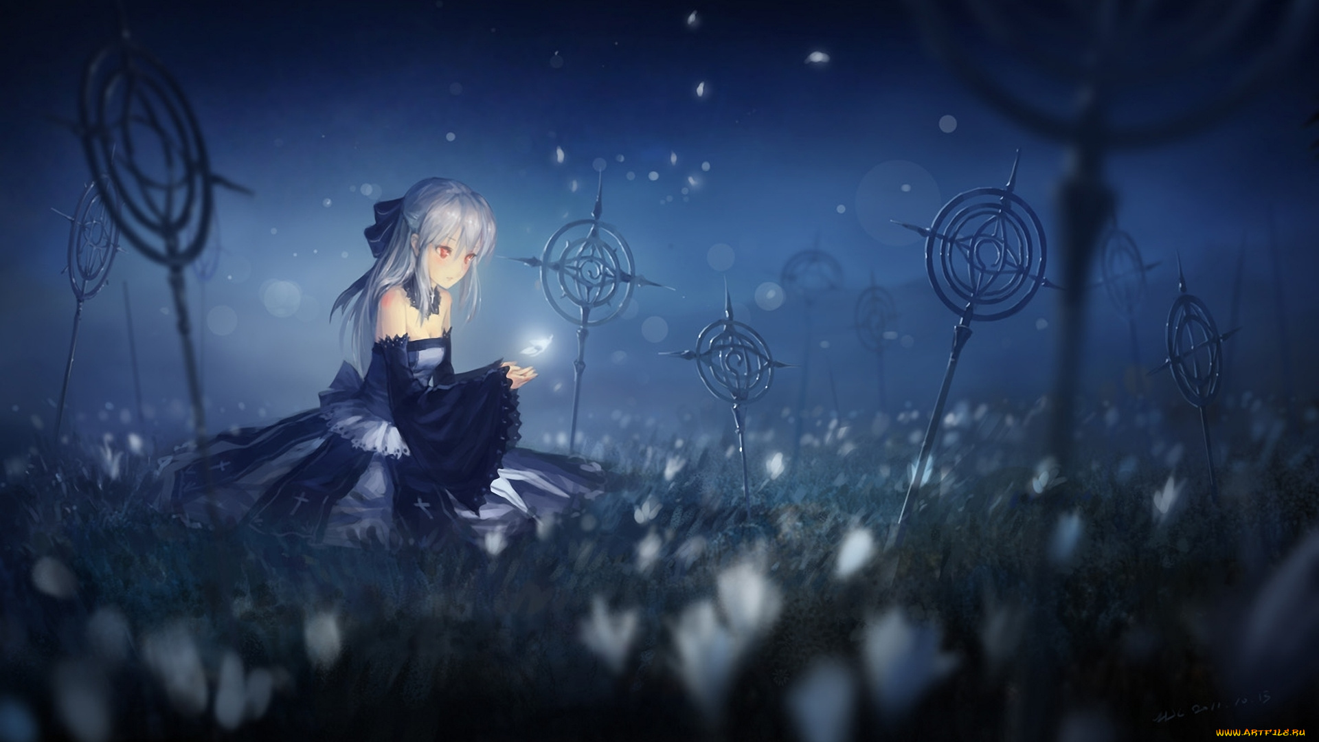 аниме, pixiv, fantasia, ночь, лепестки, поляна, сидит, девушка