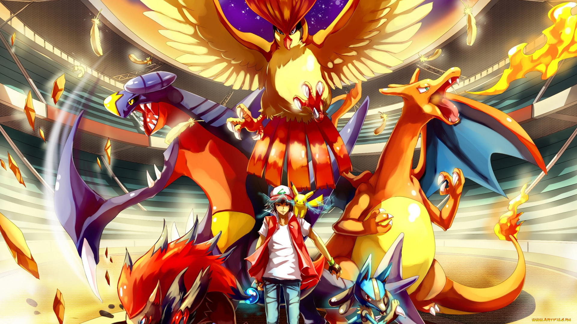 аниме, pokemon, арт, сияние, эш, кетчум, пикачу, выступление, покемоны, стадион, игры, молния, пламя, пиджиотто, осколки, чаризард