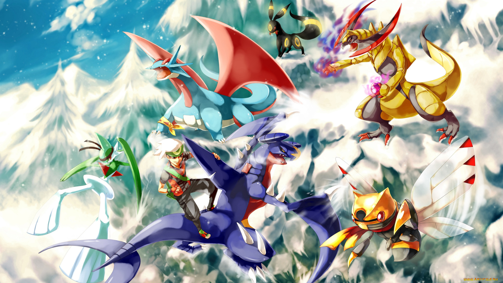 аниме, pokemon, парень, покемоны, арт, снег, горы, облака, небо, ёлки