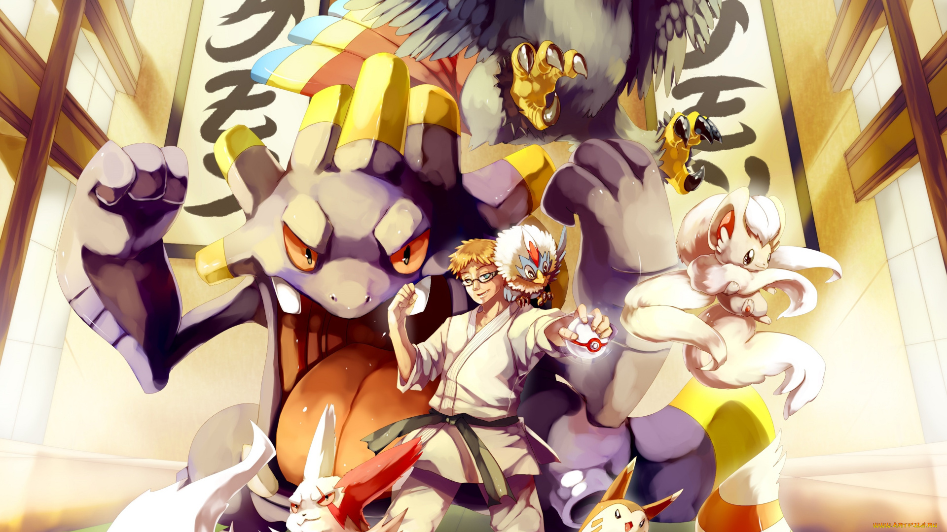 аниме, pokemon, парень, покемоны, разные, арт