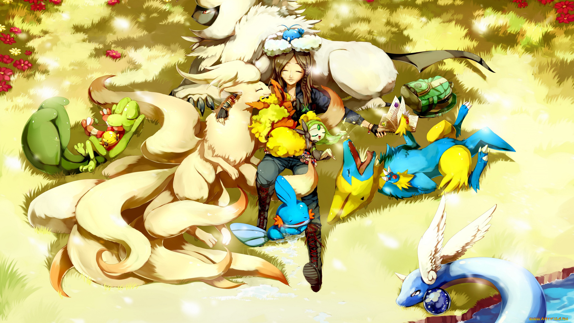 аниме, pokemon, поляна, цветы, покемоны, девушка, разные, трава, арт, озеро, вода, идиллия, лежат