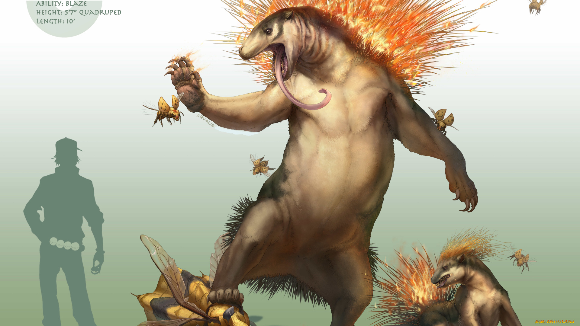 аниме, pokemon, светлый, фон, арт, иголки, пламя, одиш, язык, летают, насекомые, надпись, человек, парень, покеболы, покемон, силуэт