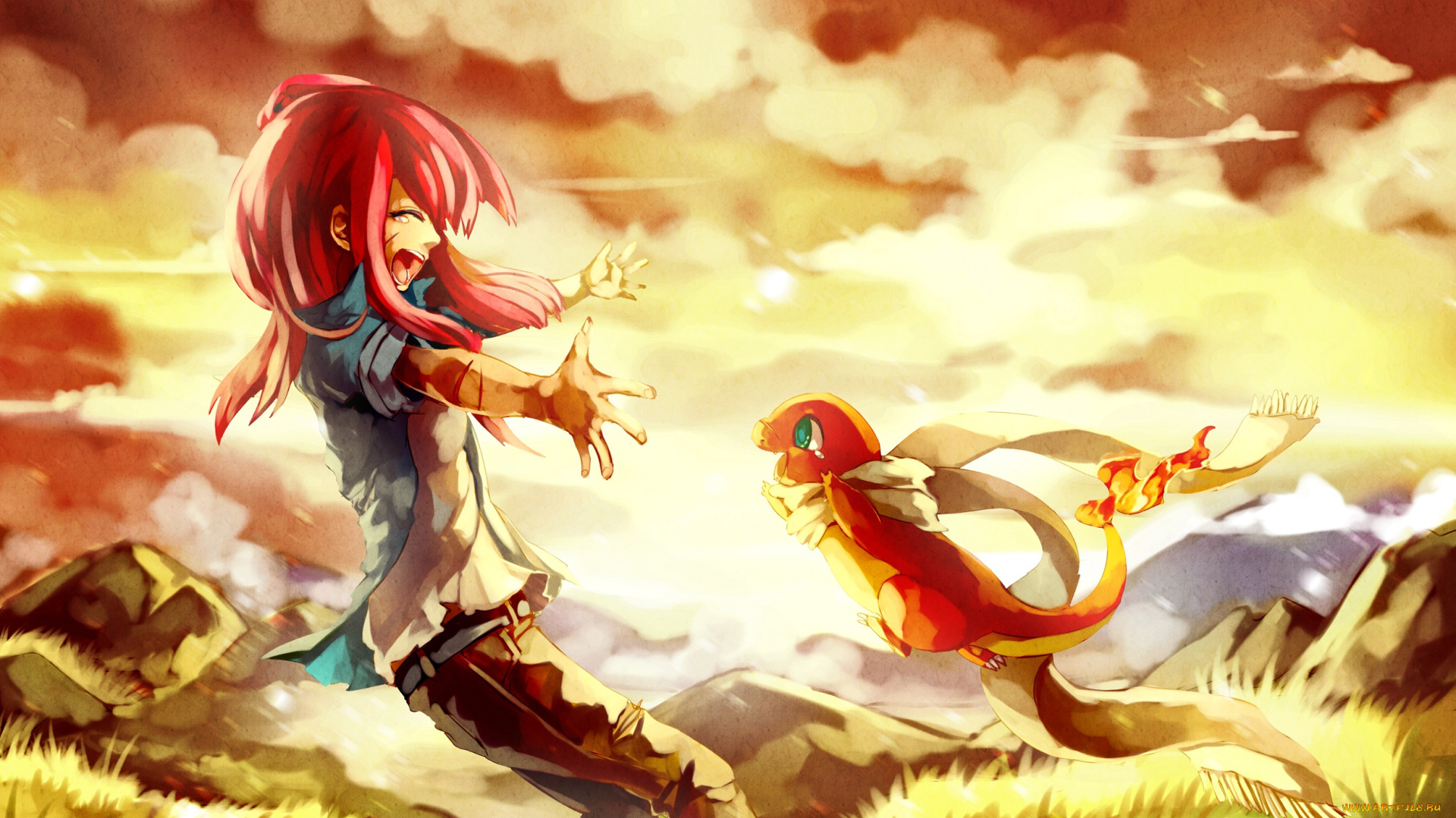 аниме, pokemon, закат, горы, сияние, трава, слёзы, арт, небо, облака, девочка, покемон, радость, огненный, счастье, смех, чармандер