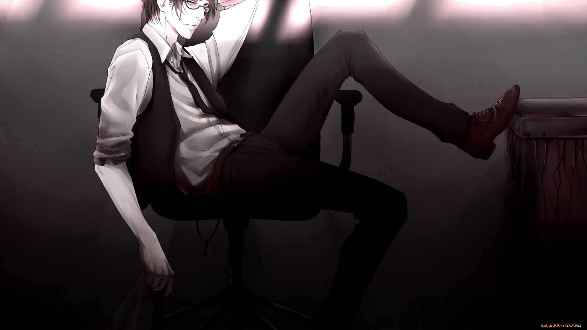 аниме, psycho-pass, взгляд, парень, кровь, кресло, костюм, сидит