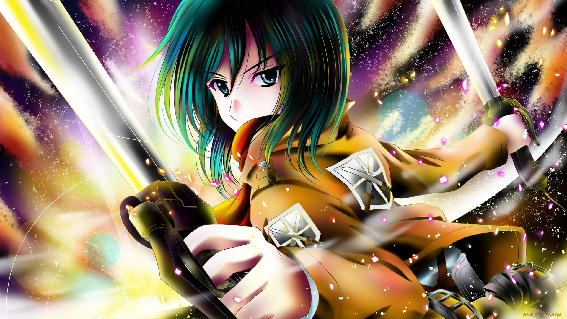 аниме, shingeki, no, kyojin, девушка, взгляд, mikasa, ackerman, яркие, краски, клинки, недовольство