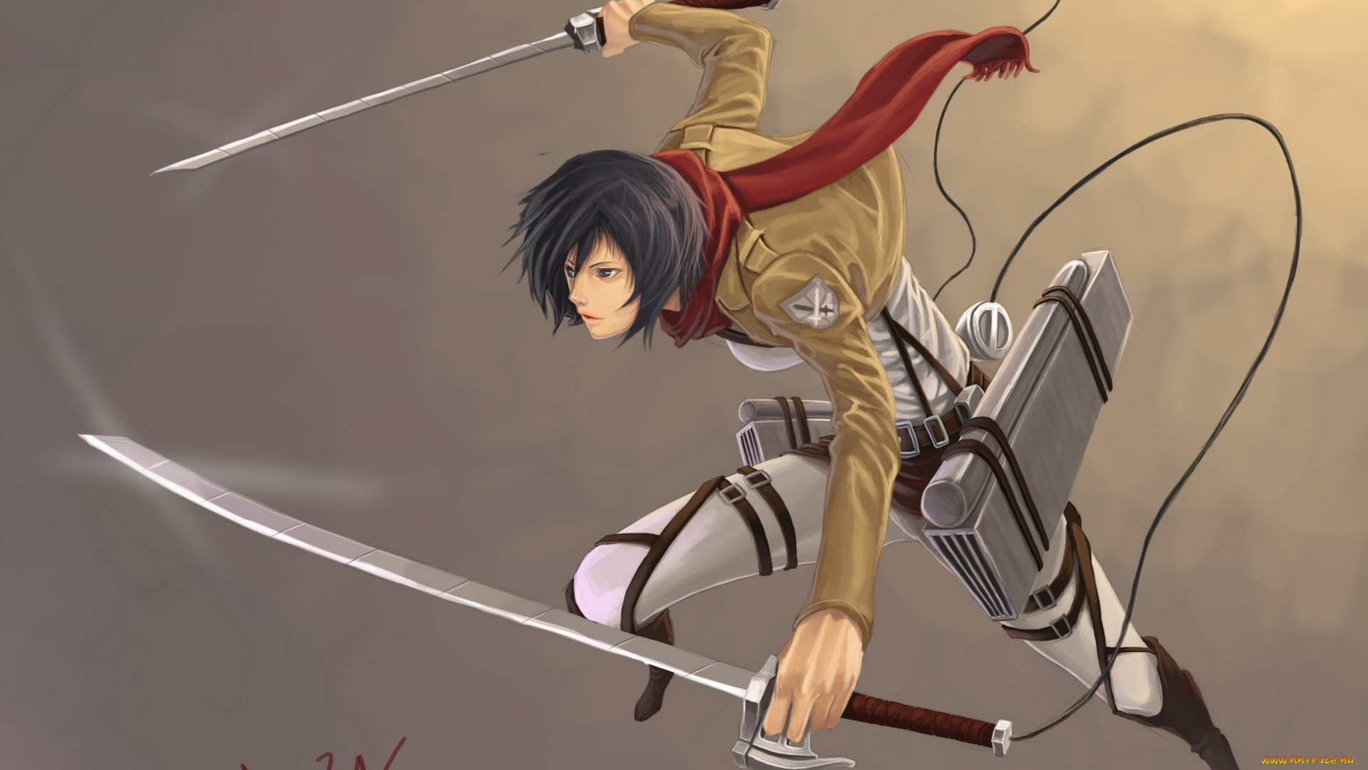 аниме, shingeki, no, kyojin, краски, солдат, шарф, приспособления, клинки, полет, спокойствие, mikasa, ackerman, девушка