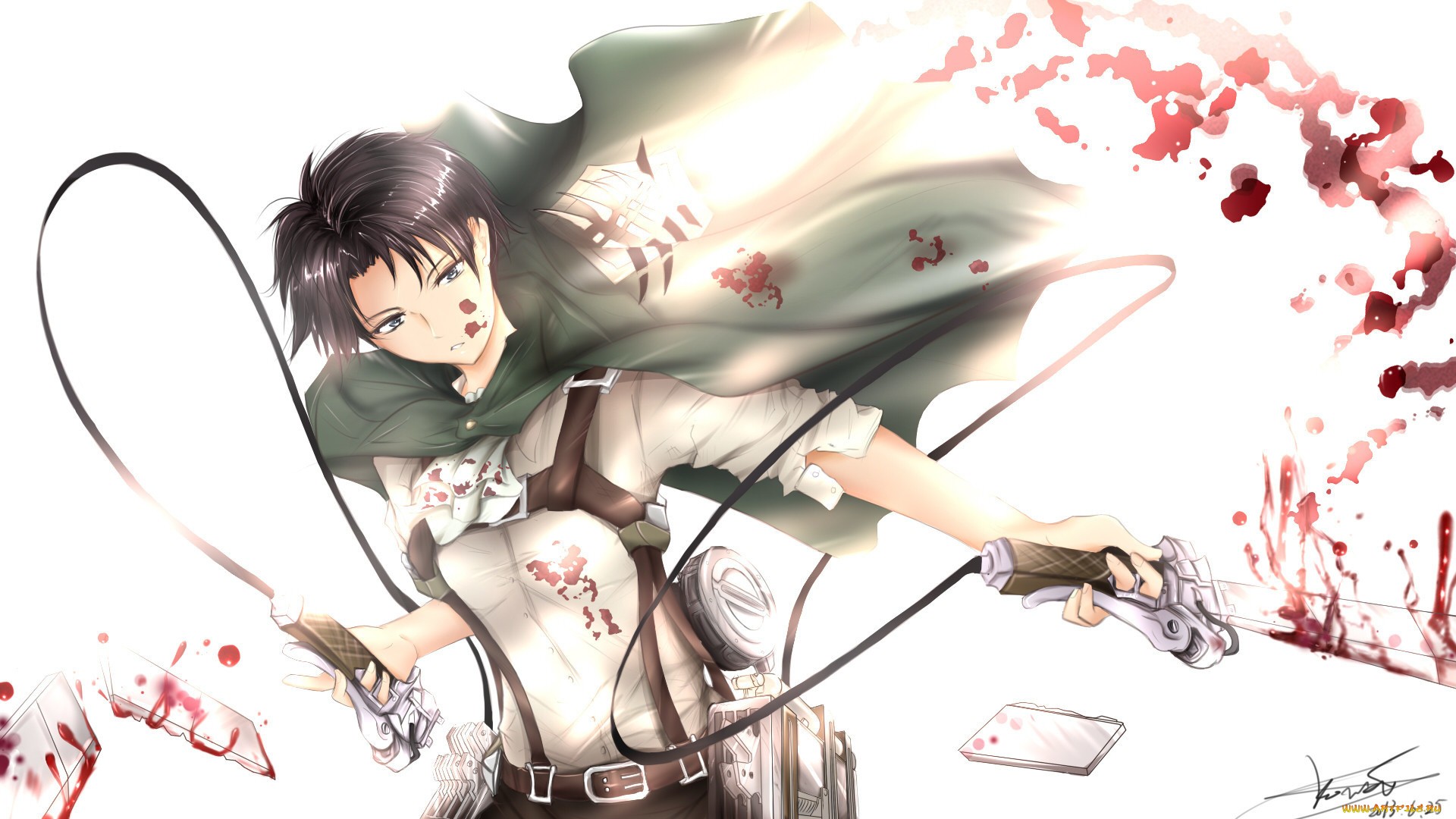 аниме, shingeki, no, kyojin, кровь, клинки, жест, удивление, белый, фон, плащ, приспособления, взгляд