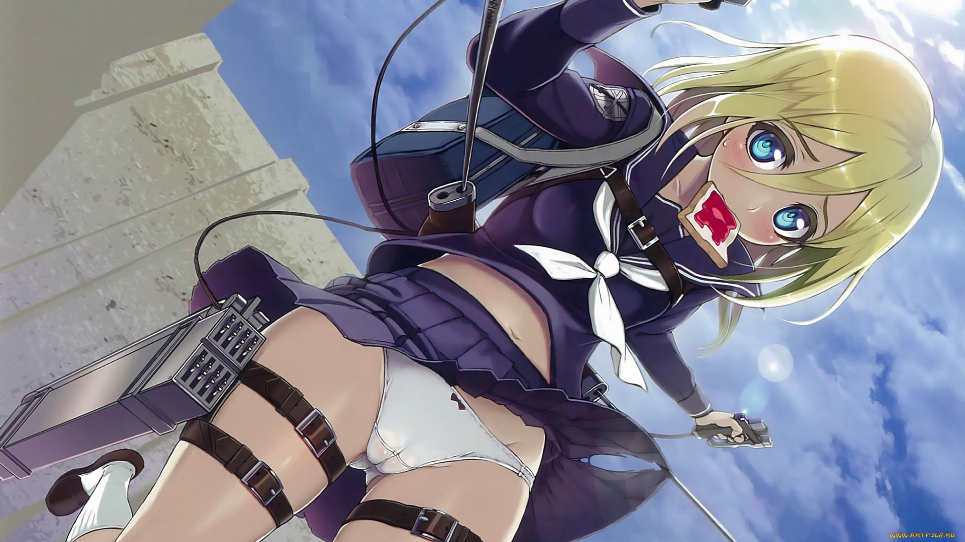 аниме, shingeki, no, kyojin, летит, девушка, привод, трусики, лезвия, небо, светлые, волосы, голубые, глаза, короткая, юбка, бутерброд