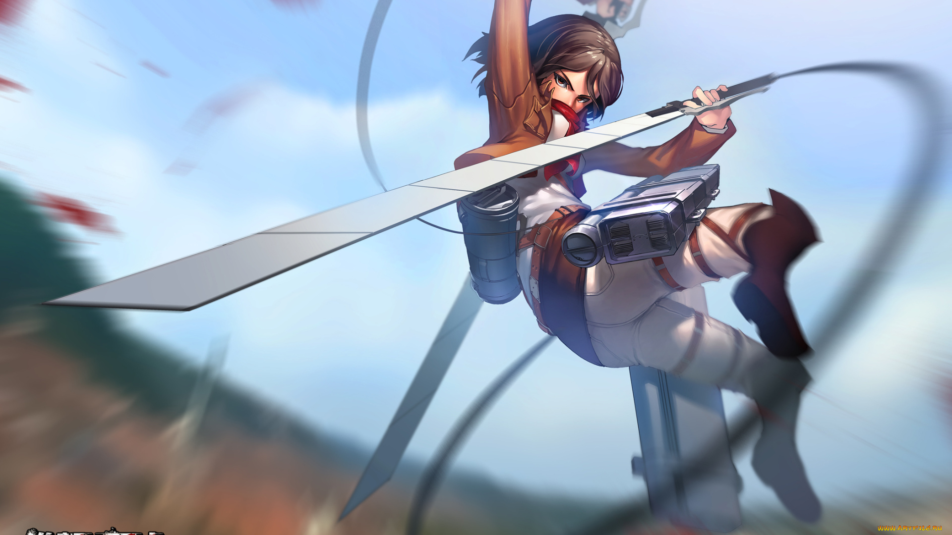 аниме, shingeki, no, kyojin, mikasa, ackerman, взгляд, оружие, девушка, падение