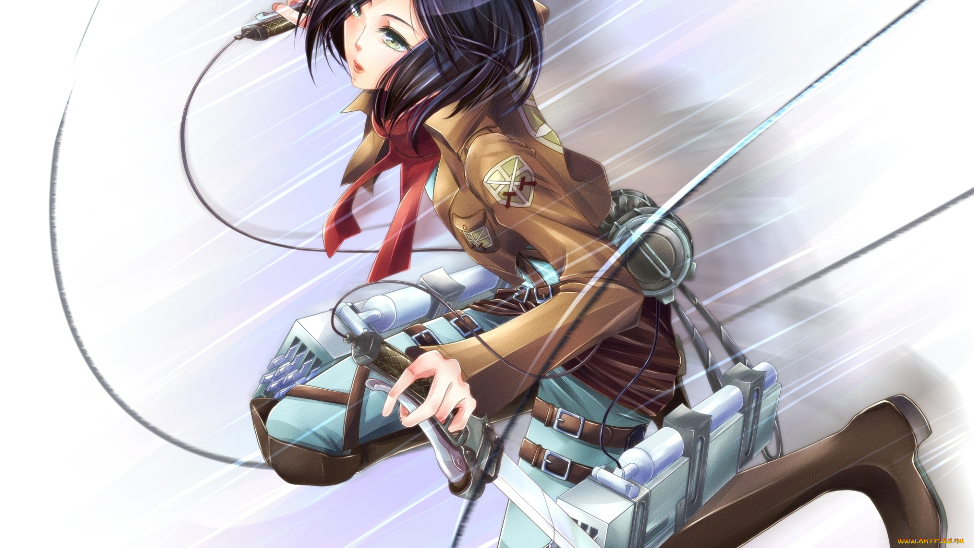 аниме, shingeki, no, kyojin, полет, mikasa, ackerman, девушка, art, солдат, клинки, пояс, приспособления