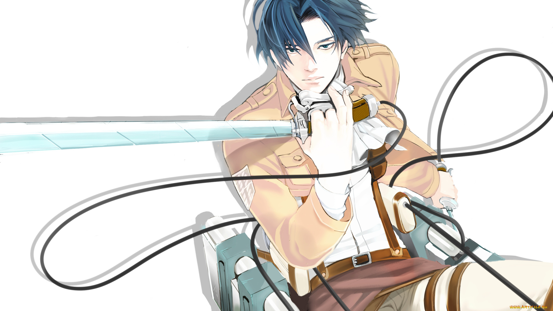 аниме, shingeki, no, kyojin, солдат, форма, клинки, жест, улыбка, взгляд, rivaille, парень, art