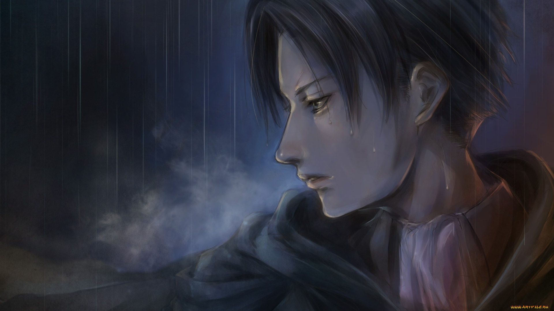 аниме, shingeki, no, kyojin, спокойствие, взгляд, rivaille, парень, yuuya, art, дождь, солдат