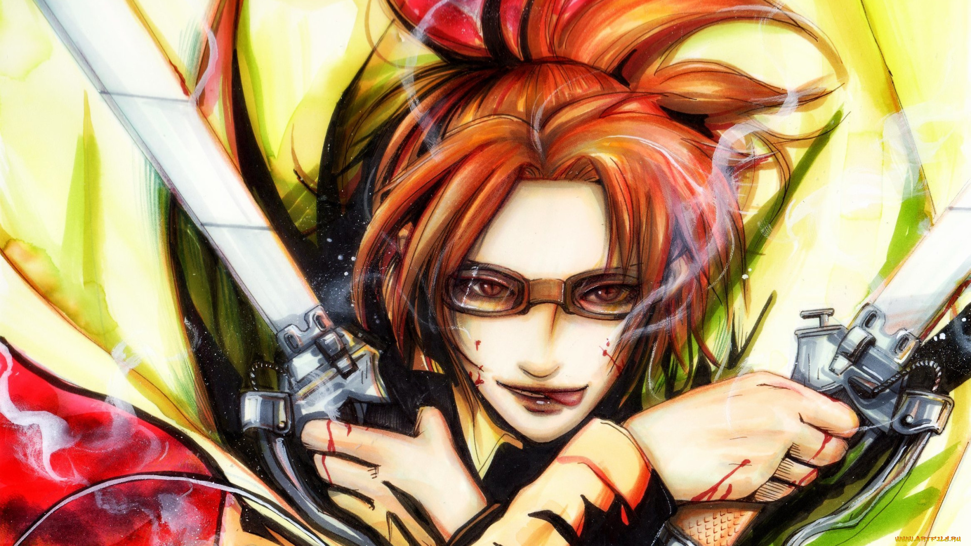 аниме, shingeki, no, kyojin, улыбка, hanji, zoe, девушка, art, солдат, клинки, кровь, язык