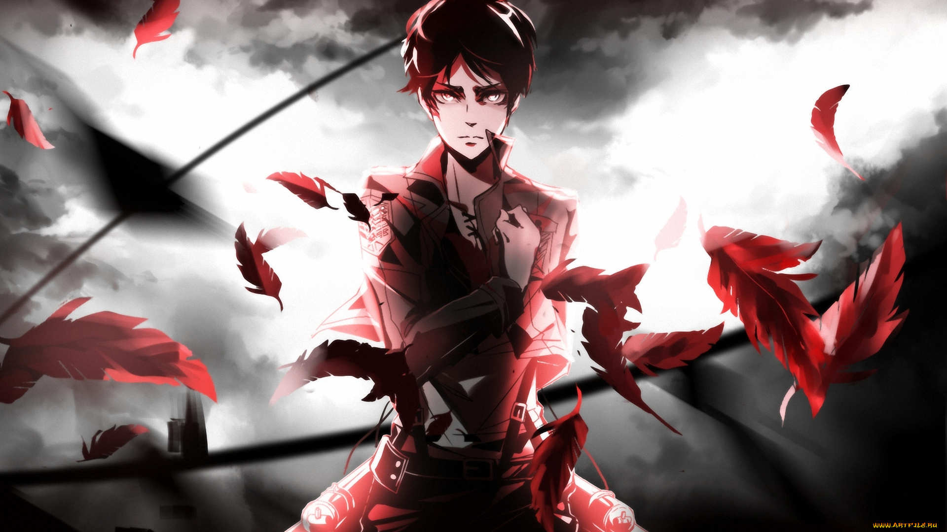 аниме, shingeki, no, kyojin, взгляд, парень, красные, перья