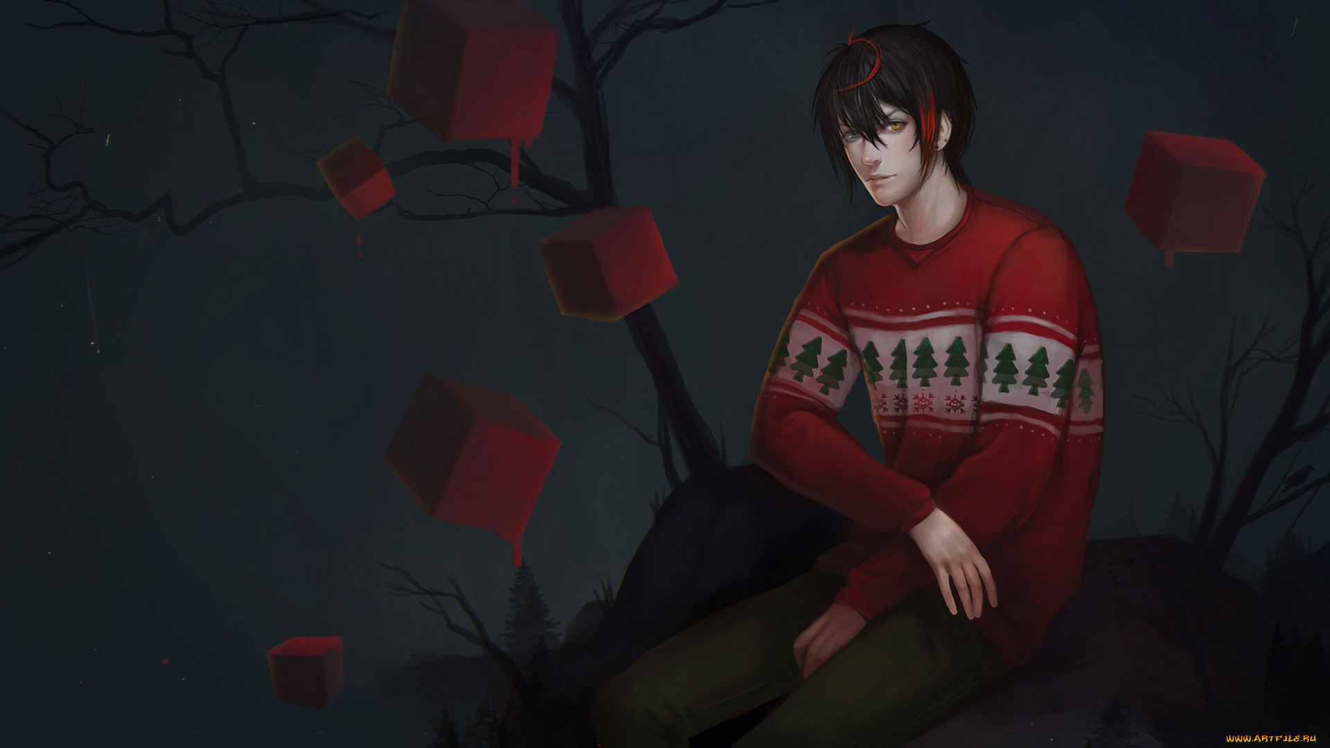 аниме, *unknown, , другое, гетерохромия, разные, глаза, свитер, красные, кубы, парень