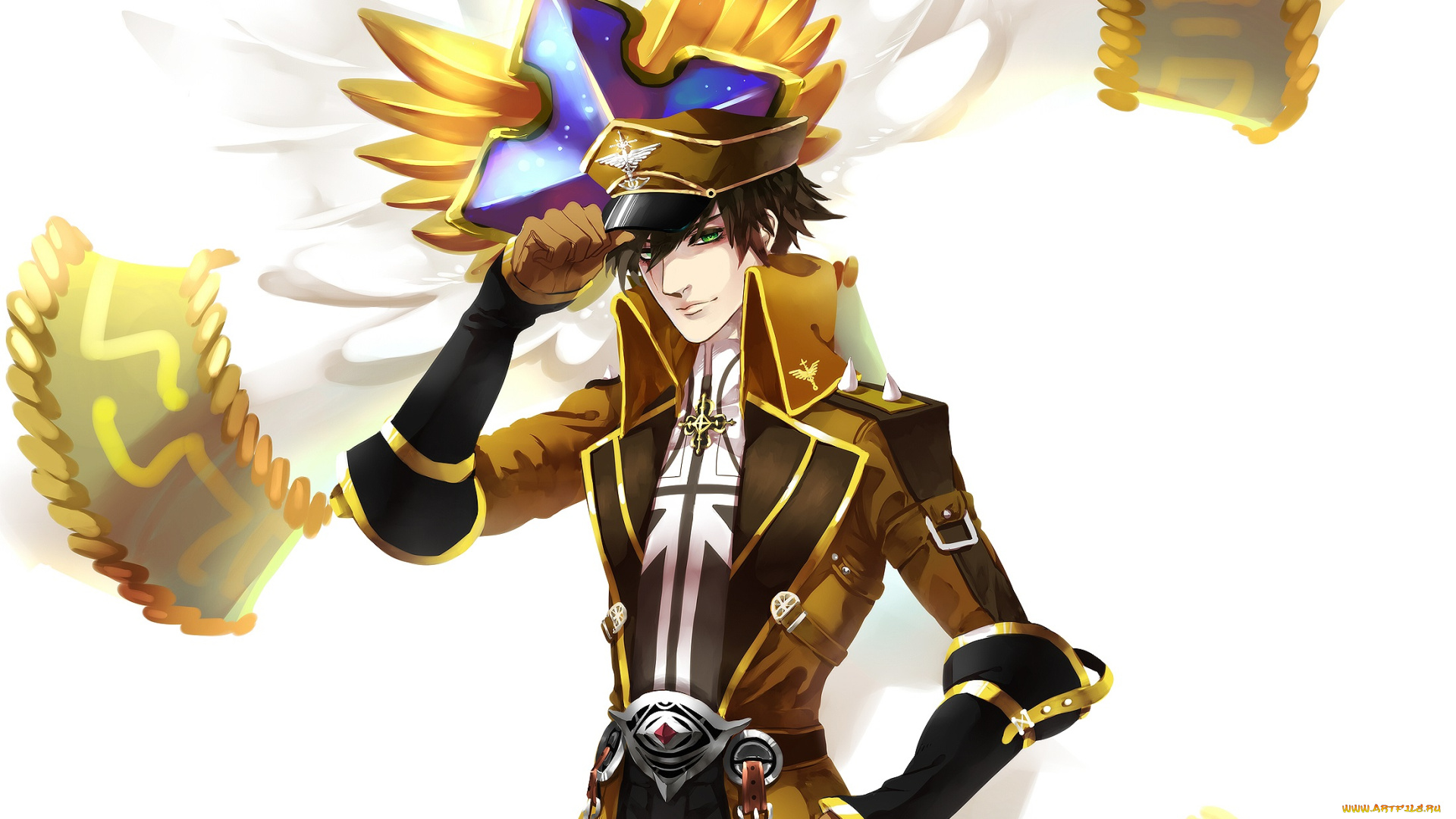 аниме, *unknown, , другое, кепка, арт, парень, белый, фон, шатен, форма, взгляд