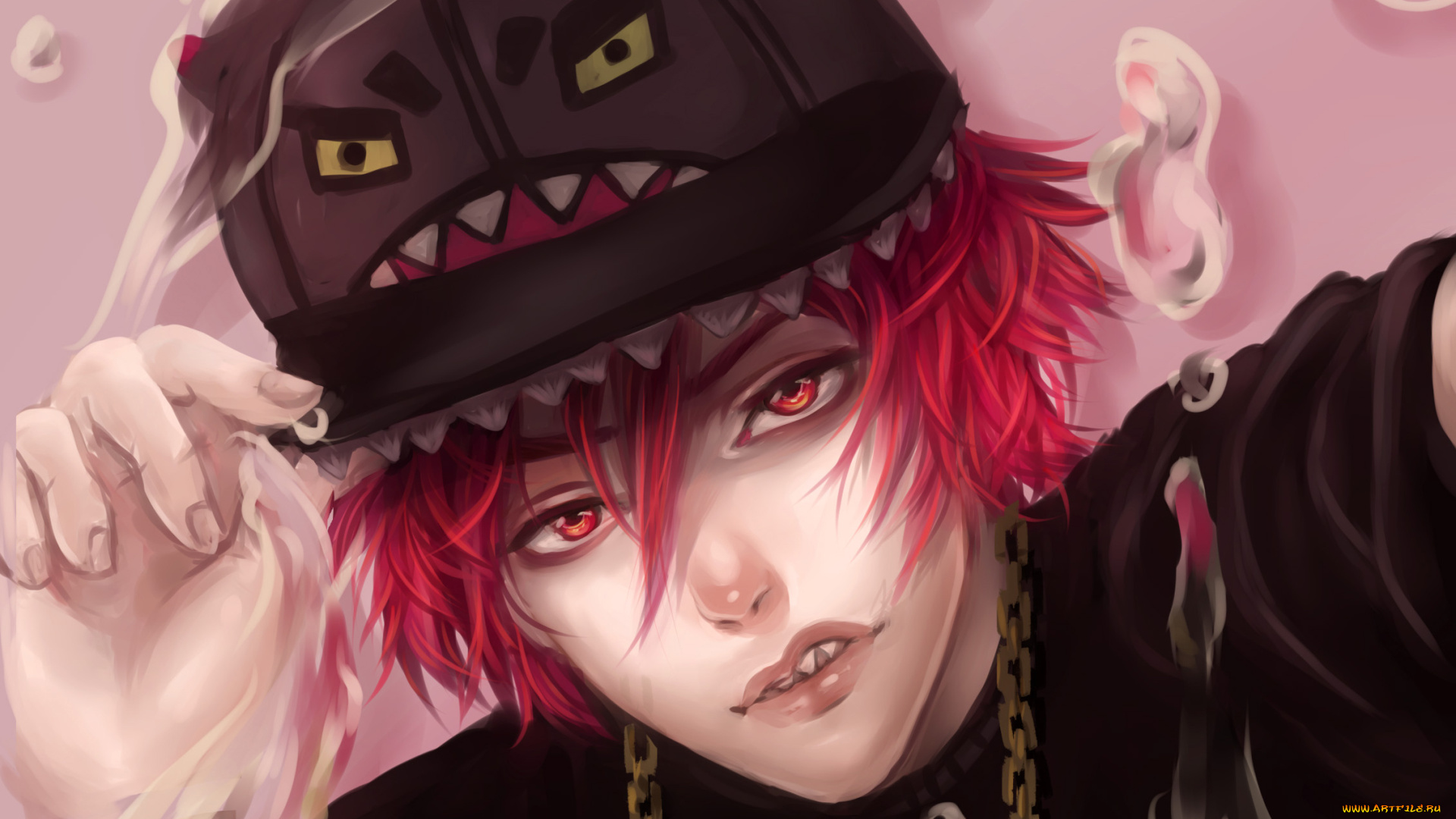 аниме, *unknown, , другое, красные, глаза, волосы, кепка, парень, цепочка