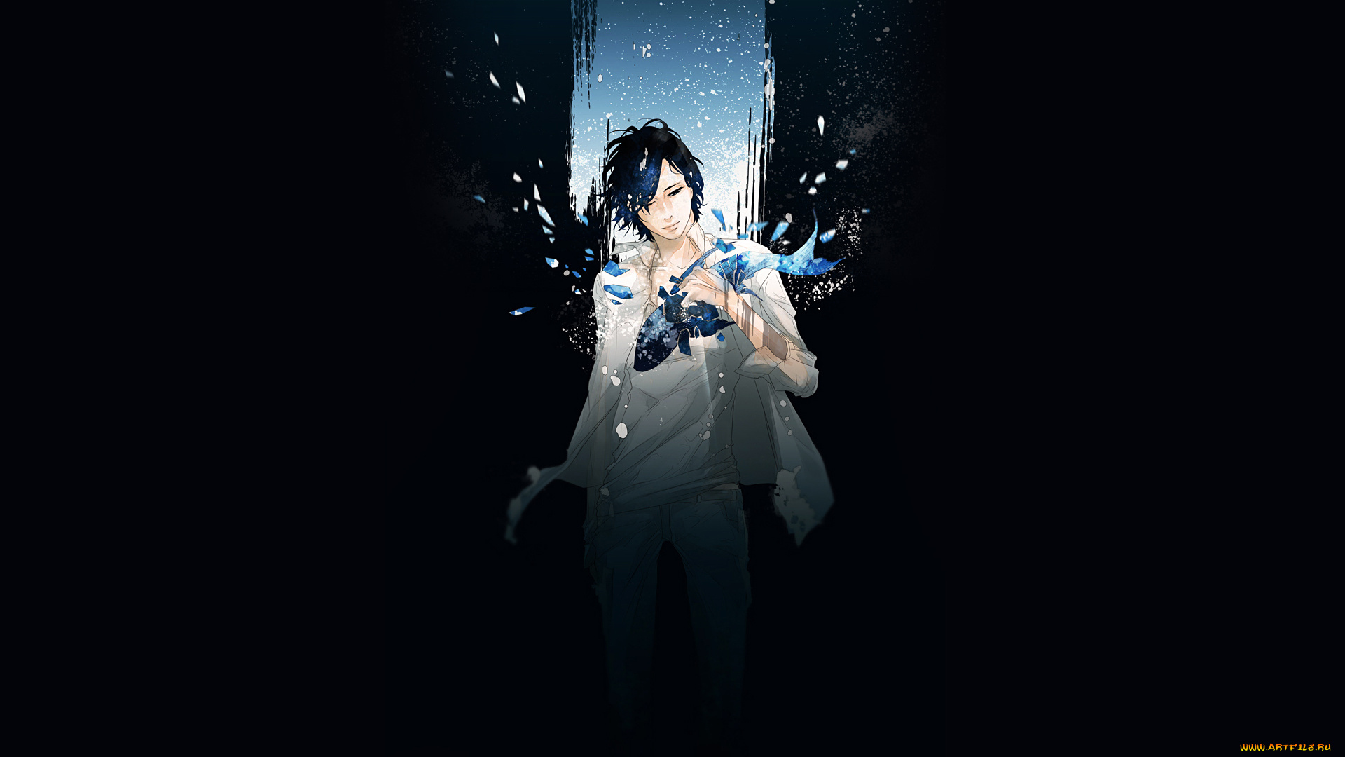 аниме, *unknown, , другое, небо, звезды, рыба, осколки, парень