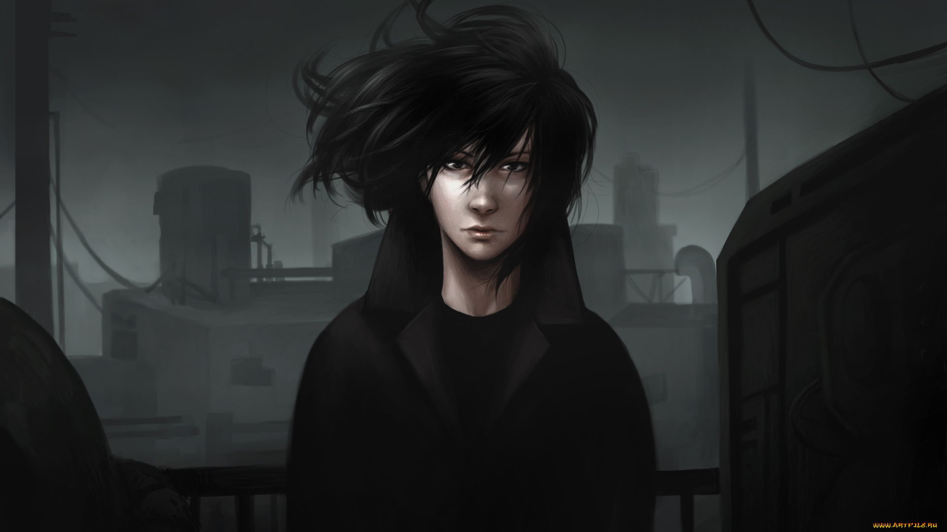 аниме, *unknown, , другое, парень, плащ, ветер, город