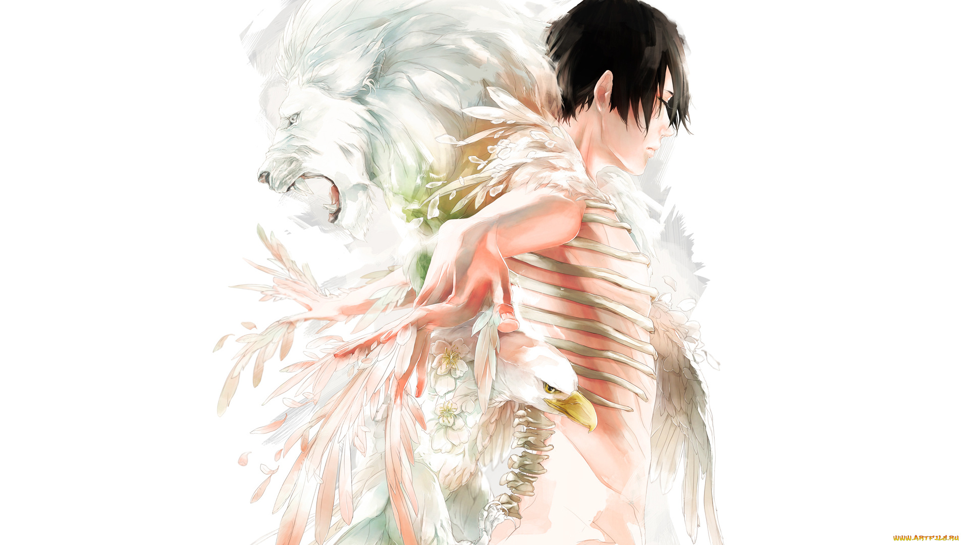 аниме, *unknown, , другое, перья, лев, парень, кости, птица