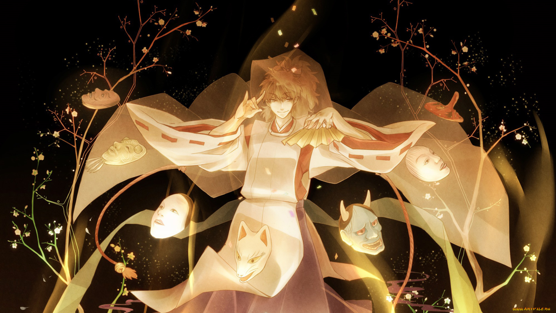 аниме, *unknown, , другое, веер, маски, парень, сакура