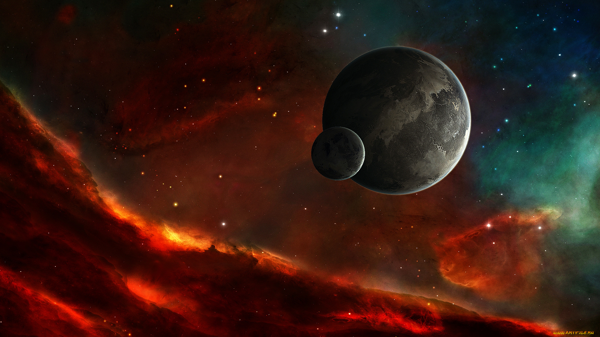 космос, арт, туманность, цвет, планета, звезды, небо