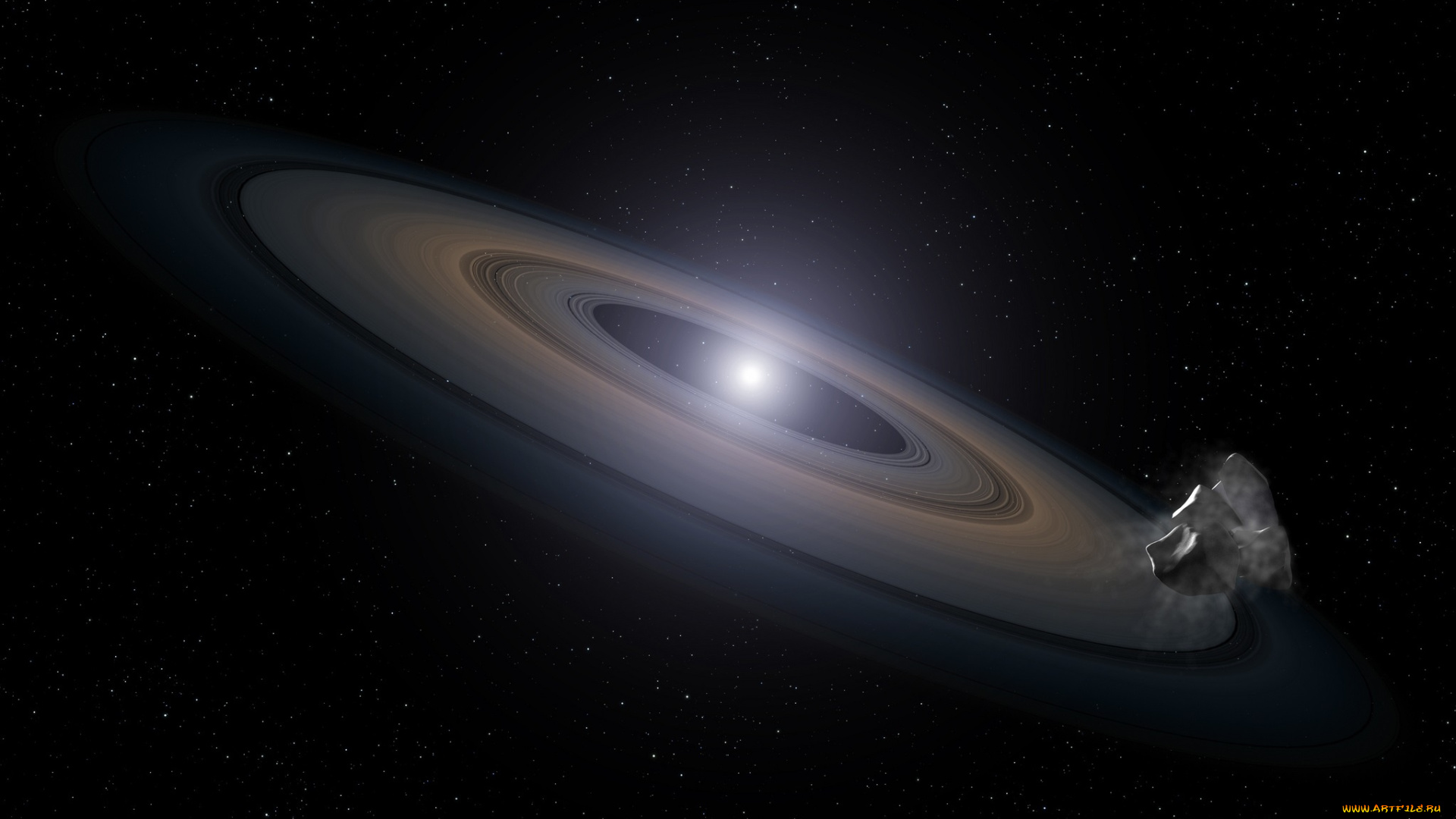 космос, арт, вселенная, кольца, звезда, астероид