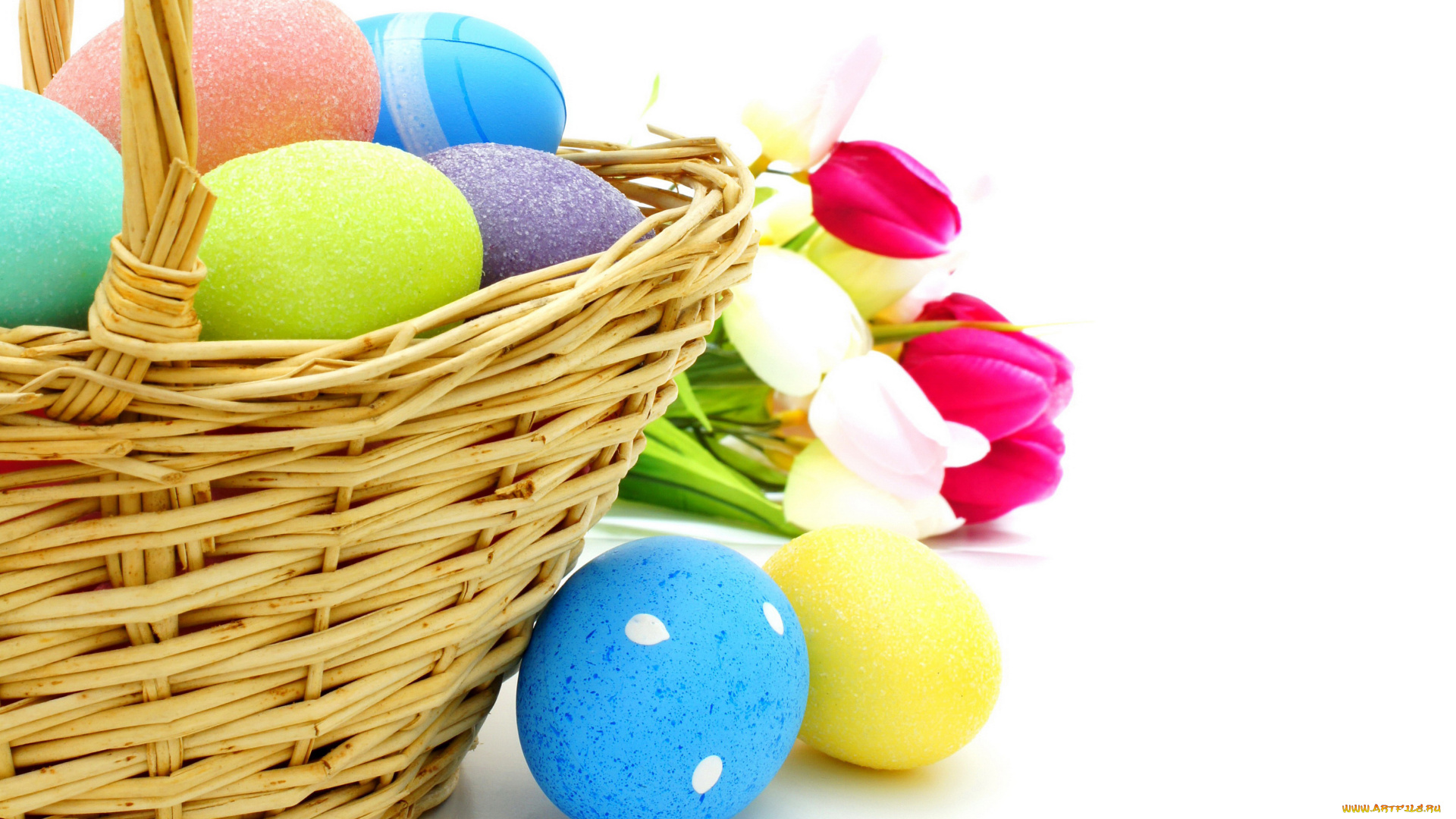 праздничные, пасха, тюльпаны, корзина, яйца