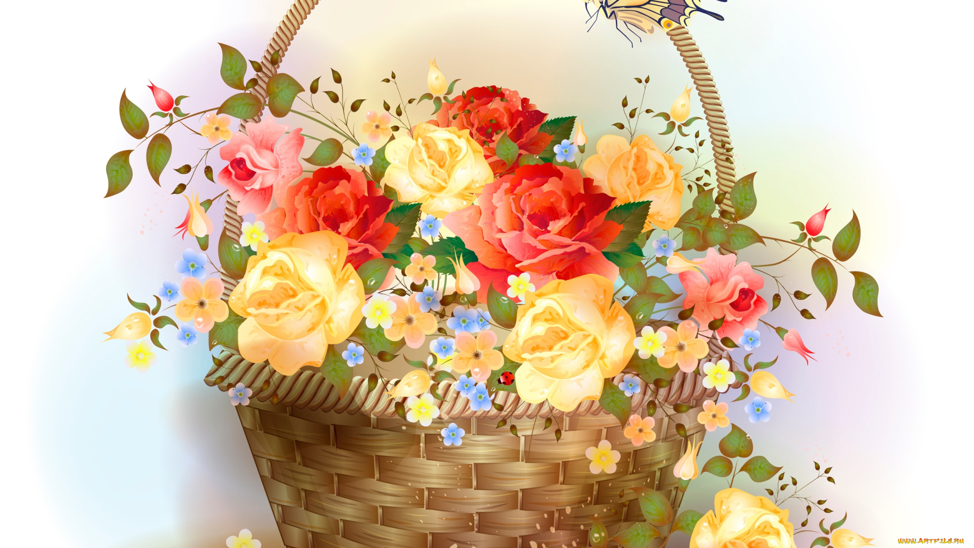 векторная, графика, цветы, бабочка, корзина