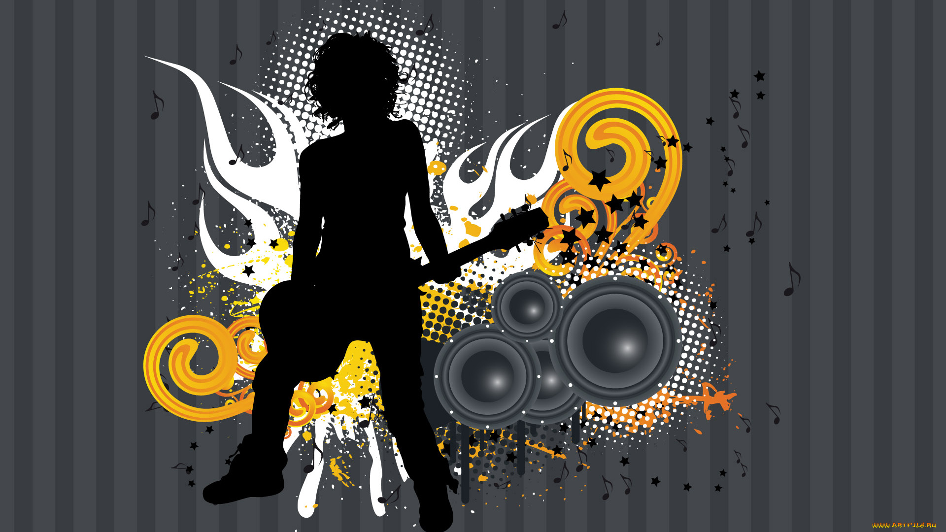 векторная, графика, гитара, усилитель, полосы, силуэт, музыкант, гитарист, точки, музыка, человек, потеки, пламя, завитки, звезды, огонь