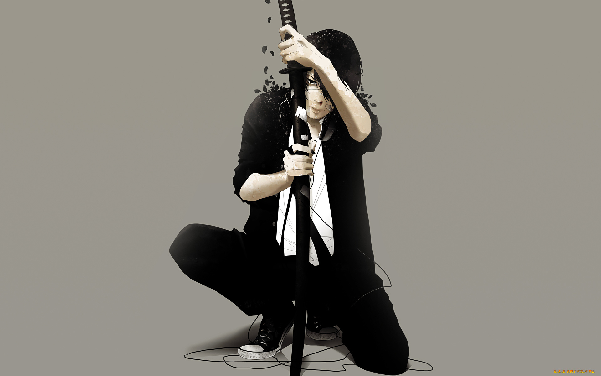 аниме, -weapon, , blood, &, technology, меч, лепестки, парень, провода, катана