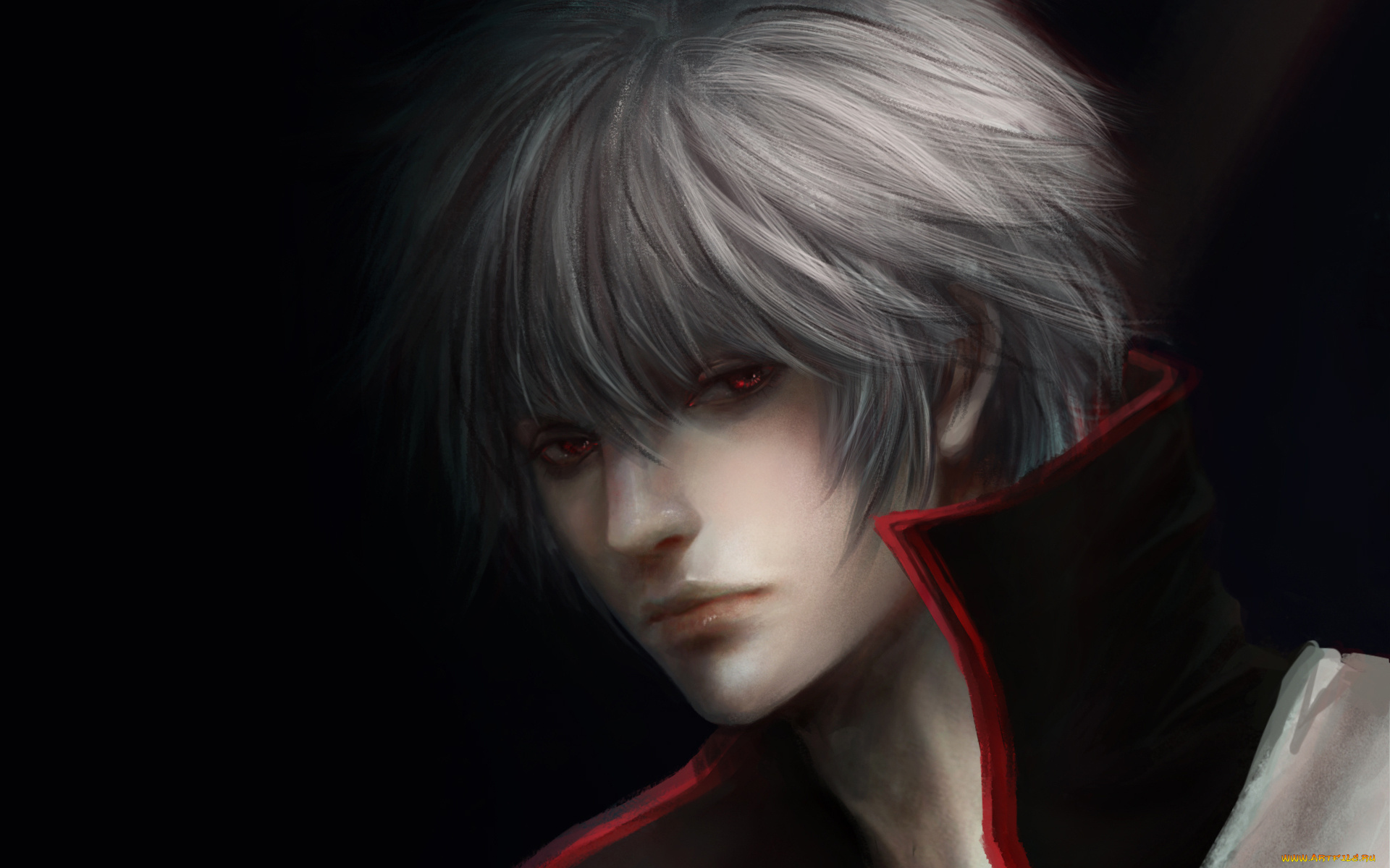 аниме, gintama, темный, фон, sakata, gintoki, красные, глаза, белые, волосы, парень