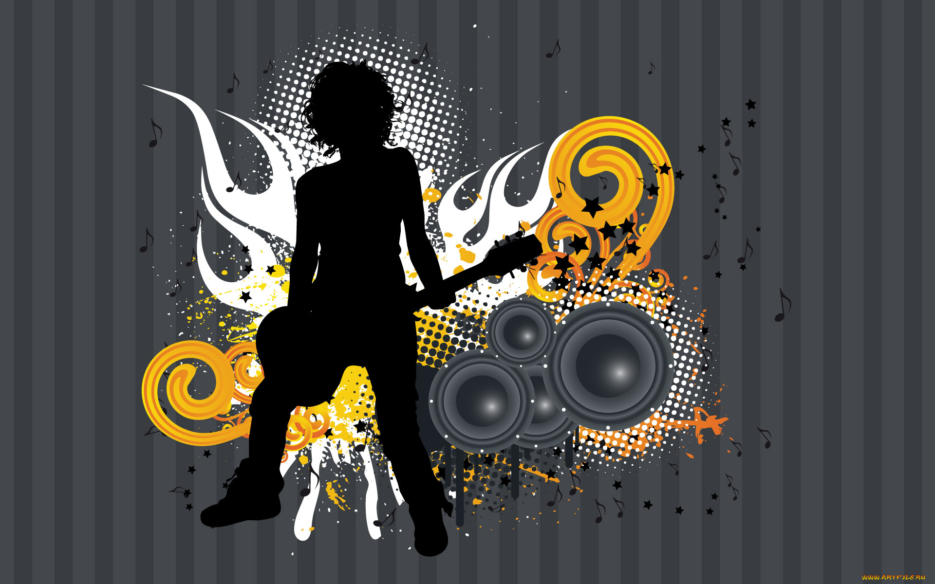 векторная, графика, гитара, усилитель, полосы, силуэт, музыкант, гитарист, точки, музыка, человек, потеки, пламя, завитки, звезды, огонь