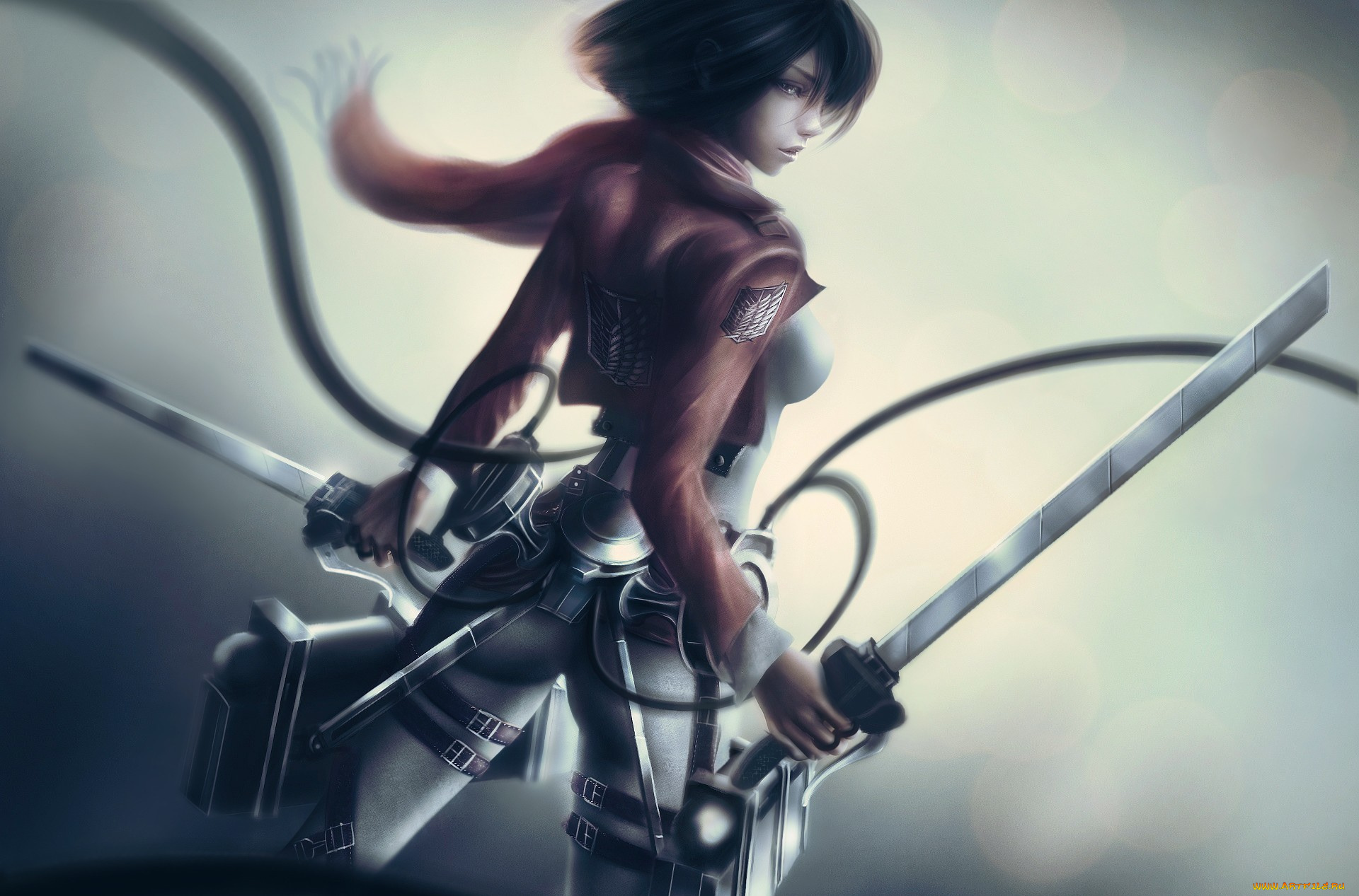 аниме, shingeki, no, kyojin, mikasa, ackerman, shingeki, no, kyojin, шарф, провод, ремни, спиной, клинки, меч, девушка, вторжение, титанов, attack, on, titan, арт