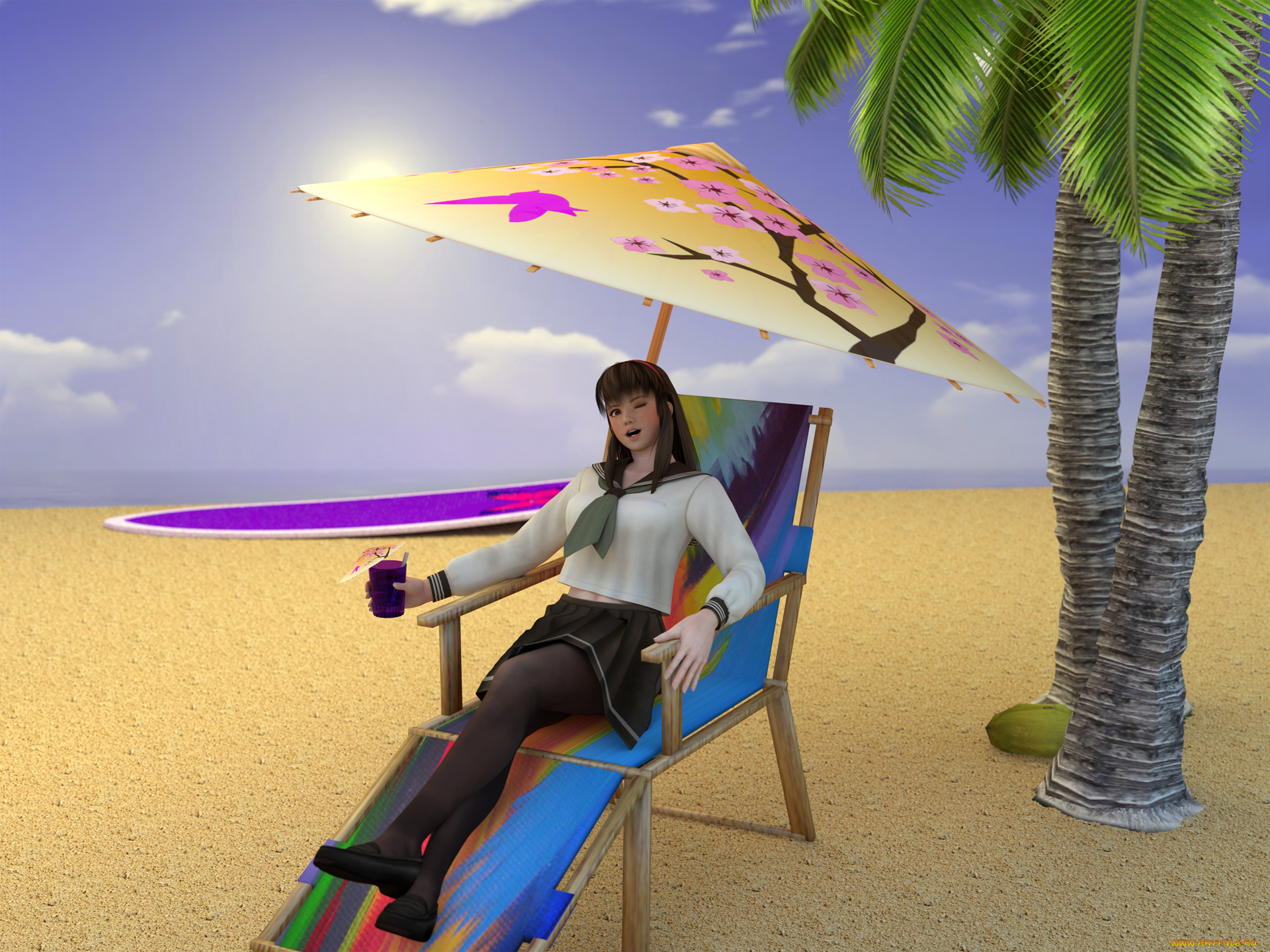 3д, графика, anime, , аниме, пляж, шезлонг, купальник, взгляд, девушка