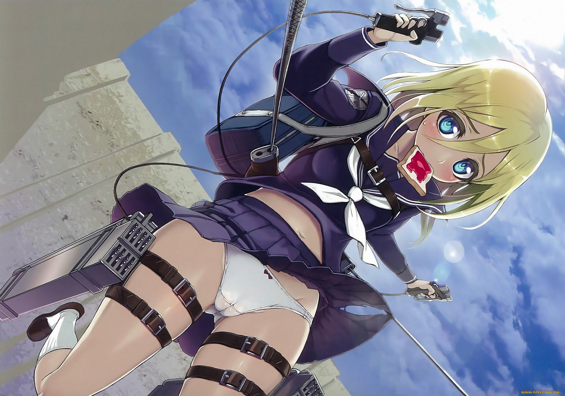 аниме, shingeki, no, kyojin, летит, девушка, привод, трусики, лезвия, небо, светлые, волосы, голубые, глаза, короткая, юбка, бутерброд