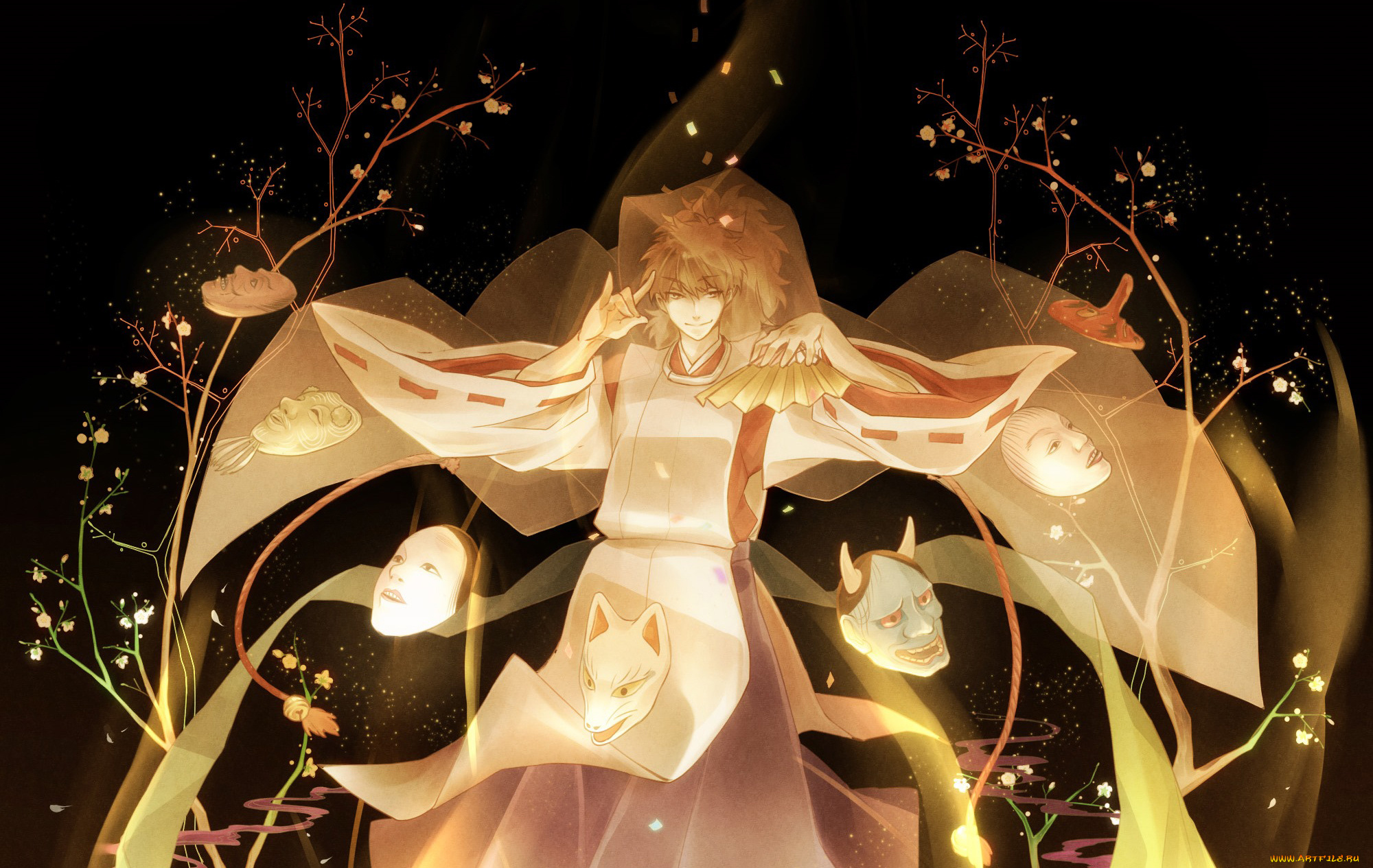 аниме, *unknown, , другое, веер, маски, парень, сакура