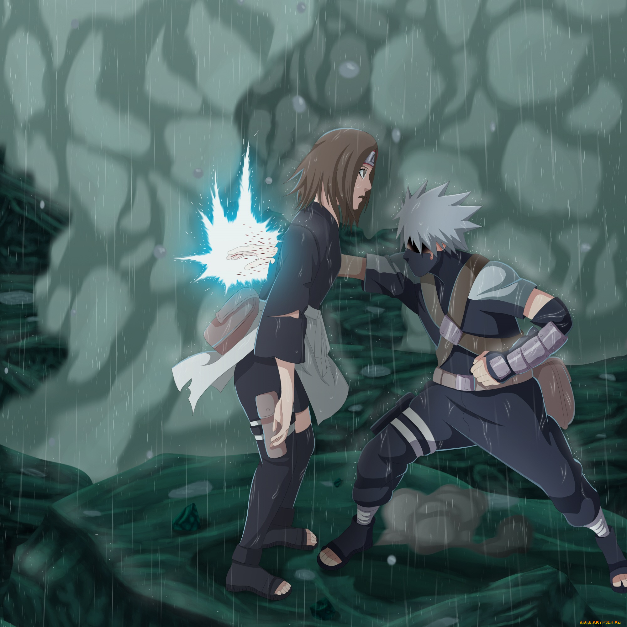 аниме, naruto, камень, чидори, дождь, какаши, хатаке, арт, наруто, дым, смерть, убийство, насквозь, пробил, девушка, рин, парень