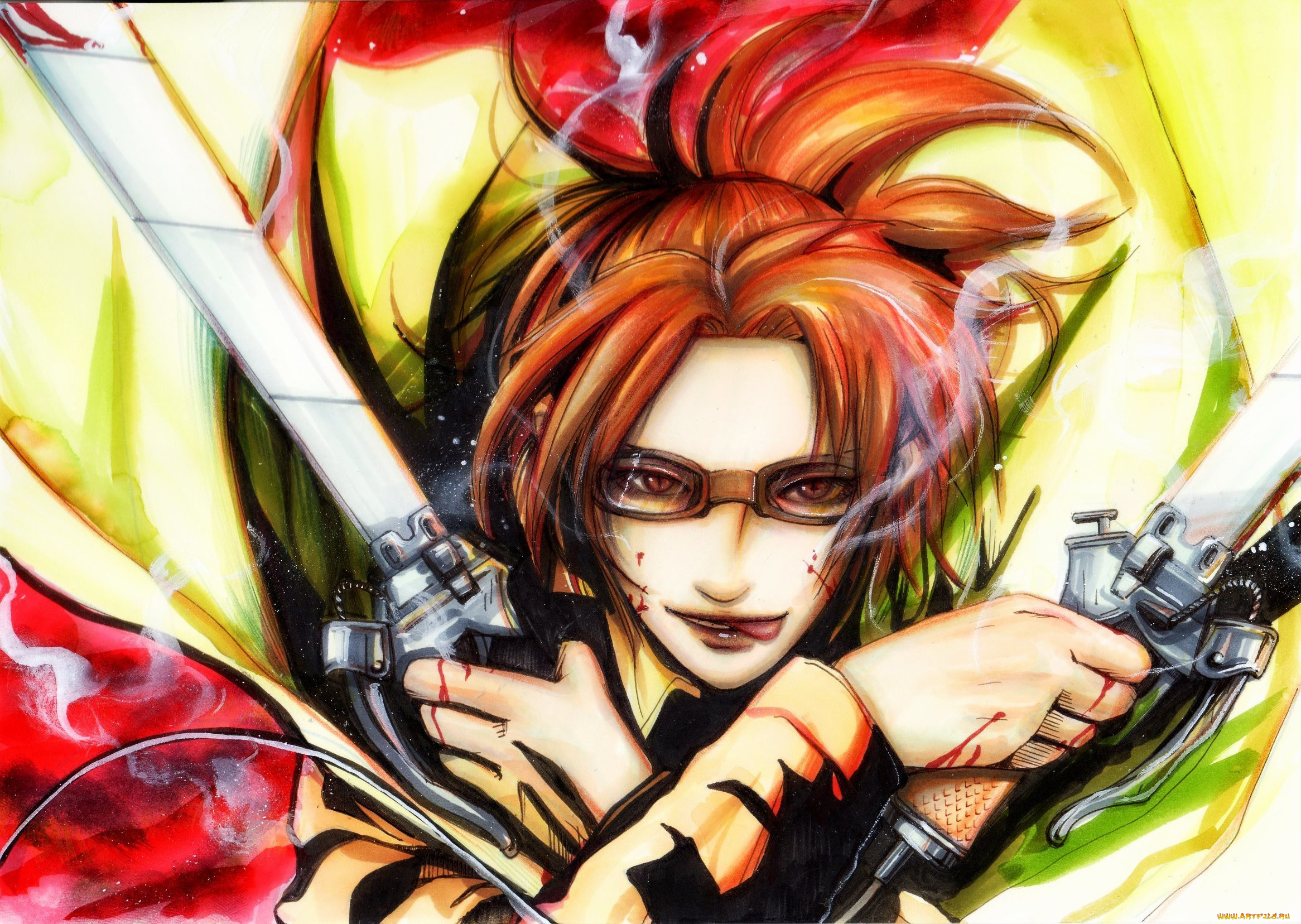 аниме, shingeki, no, kyojin, улыбка, hanji, zoe, девушка, art, солдат, клинки, кровь, язык