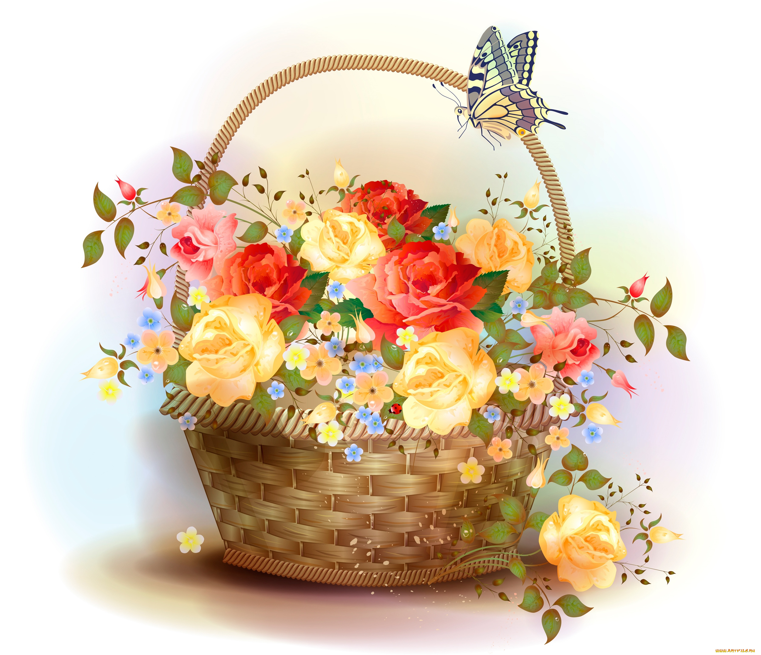 векторная, графика, цветы, бабочка, корзина