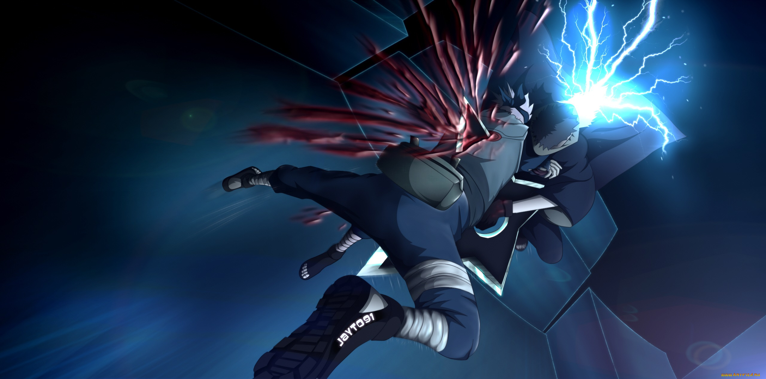 аниме, naruto, сюрикен, кровь, чидори, наруто, какаши, хатаке, обито, учиха, ранения, бой, синий, фон